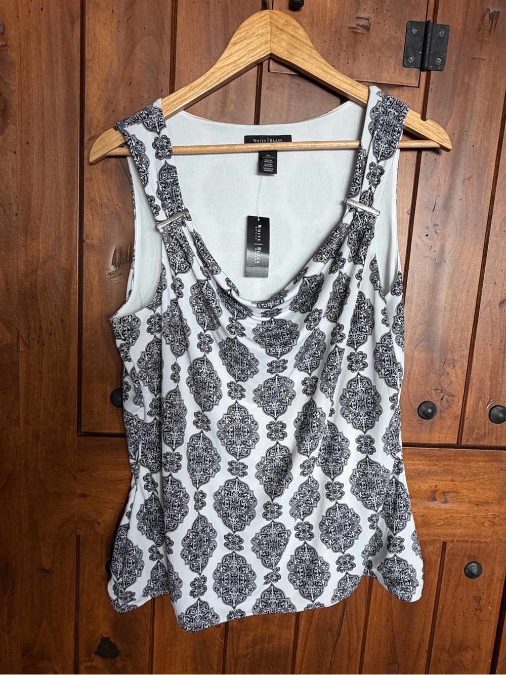 White House Black Market White and Black Printed Cowl Neck Tank